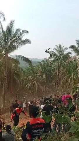 A group of people are gathered in an outdoor area with palm trees. Some individuals are wearing racing attire, with one person in the foreground wearing a black and orange outfit with the word "OFFROAD" visible. Dust is being kicked up in the background, suggesting activity. The scene appears to be a gathering or event, possibly related to off-road activities. The environment is rural and tropical.