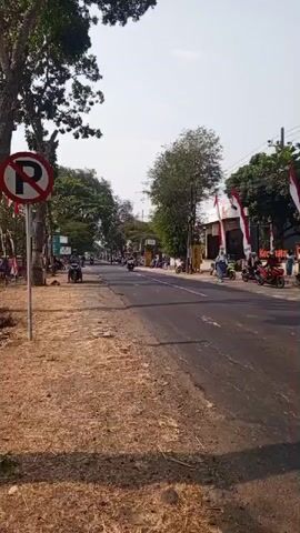 A traffic scene is depicted with a "No Parking" sign visible on the left side of the road. Several motorcycles are present, some parked and others in motion. Indonesian flags are displayed on poles along the right side of the road, suggesting a national celebration or event. The environment appears to be a street lined with trees and some buildings. The weather is bright and sunny.