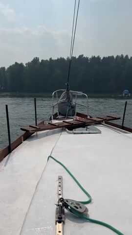 The video begins with a low-angle shot from the bow of a white sailboat moving through calm water. The boat's deck is visible, with a green rope secured to a metal cleat and pulley system in the foreground. The bow of the boat is lined with dark wooden planks, and a metal railing with wooden slats extends along the sides. A grey tarp covers something on the deck towards the front of the boat, with rigging lines extending upwards towards the sky. Dark vertical poles are spaced along the railing.

The water is a murky gray-green, with gentle ripples. In the background, a dense line of green trees forms the shoreline of an island or mainland. The sky is a pale blue with scattered white clouds. The sun is bright, casting light and shadows. The boat appears to be moving at a moderate speed.

As the video progresses, the camera remains fixed on the bow of the boat. A second, thinner blue rope is visible attached to the railing on the left side of the boat. The water appears slightly choppier in some areas, suggesting a slight change in current or wind. The trees in the background remain consistent.

The last few seconds of the video show the same scene, with no significant changes. The audio consists of ambient noise, likely wind and the gentle sound of the boat cutting through the water. There is also faint human speech in Russian, with the phrases "четыре человека" (four people) and "Сашу сюда позови" (Call Sasha here) being discernible.