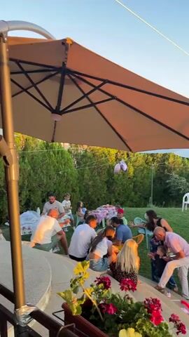 A group of people are gathered in an outdoor setting, possibly a backyard, during what appears to be a social event. The scene is illuminated by natural light, suggesting it is either late afternoon or early evening. The sky is clear with a hint of a sunset, and there are trees and some distant structures visible in the background. A large, light-colored umbrella is partially covering a gathering area, providing shade.

In the foreground, several individuals are seated on steps or the ground. A woman in a black top and jeans is interacting with a man in a pink shirt and a child. Another person, also in a pink shirt, is bending down. In the background, other people are milling around, some sitting at tables set up on a grassy lawn. There are also some pink and butterfly-shaped balloons visible. Two dogs are present in the scene, one larger and dark-colored, the other smaller and lighter. A young boy is standing near a small table with some pink chairs. Further in the distance, a boy with a red cap is playing, and another child is walking. The overall atmosphere seems relaxed and celebratory.