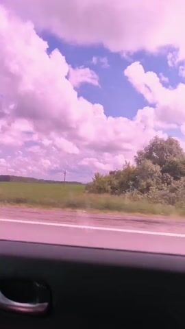 The video is filmed from inside a vehicle looking out the side window. The view outside is a wide landscape with a field of green grass, a line of trees in the distance, and a sky filled with fluffy pink and purple clouds. A power pole with diagonal supports is visible in the field. The road is visible in the foreground with a white line. The interior of the car is dark, with a black door panel and a handle visible in the bottom corner. The video pans slightly to the right, showing the landscape move from left to right.