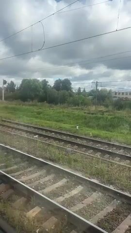The video shows a view from a moving train, looking out a window. In the foreground, there are two sets of train tracks. Beyond the tracks is a grassy field with scattered trees and bushes. In the distance, there are more trees, some buildings, and utility poles with overhead wires. The sky is cloudy. The camera appears to be mounted on a tripod or stationary object, as the view is steady and there is no camera movement. The video lasts for a few seconds.