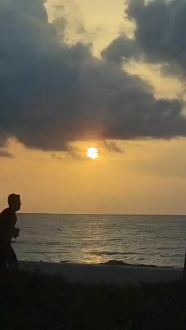 A person is silhouetted against a sunset as they run along a beach. The sun is partially obscured by clouds, casting a warm glow over the scene. The ocean stretches out to the horizon, and waves gently lap at the shore. The foreground is dark and out of focus, with hints of vegetation.
