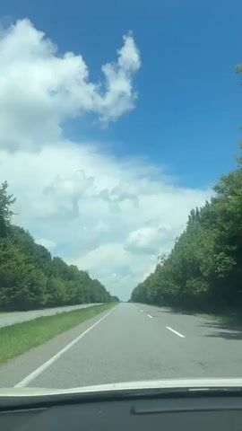 This media file captures a forward-facing view from inside a vehicle traveling on a paved road. The scene is a straight, two-lane highway flanked by dense green trees on both sides, creating a natural tunnel effect. The sky above is a vibrant blue, punctuated by fluffy white cumulus clouds, suggesting fair weather. The time of day appears to be daytime, likely late morning or early afternoon, given the brightness and the clear visibility.

The activity taking place is a road trip or commute through a rural or semi-rural area, indicated by the absence of other vehicles on the road in the immediate foreground and the prevalence of natural landscapes. The road itself shows some wear, with visible lane markings, including a solid white line on the right and dashed white lines dividing the lanes. The grass along the side of the road is lush and green.

There are no visible people or distinct objects other than the road and the surrounding vegetation. The overall mood conveyed is one of peaceful travel and the beauty of nature. The location context provided is Monchyntsi, Ukraine, which is consistent with the European-style road and vegetation. There is no visible text within the media file itself.