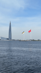 Russian flag filmed over Saint Petersburg skyline near Lakhta Center