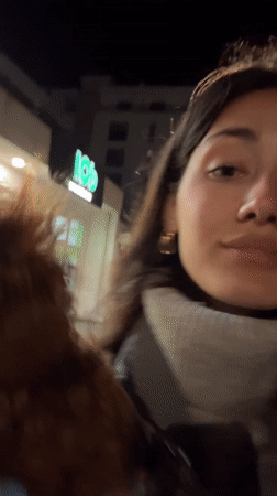 Person walks with small dog in nighttime Sutomore street