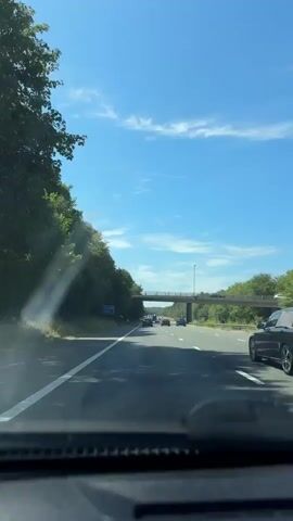A vertical, wide-angle shot captures the view from inside a moving vehicle on a highway. The road stretches ahead, marked by white lines, with a few cars visible in the distance. To the left, a dense green forest lines the roadside, with a blue road sign partially obscured by leaves. A concrete overpass spans the highway, casting a shadow over the road as the vehicle passes beneath it. The sky above is a clear, bright blue with a few wispy white clouds. The windshield of the vehicle shows some smudges and streaks, suggesting it may be dirty or wet. A shadow of the car's dashboard or wiper is visible at the bottom of the frame. The overall impression is that of a sunny day drive on a highway.