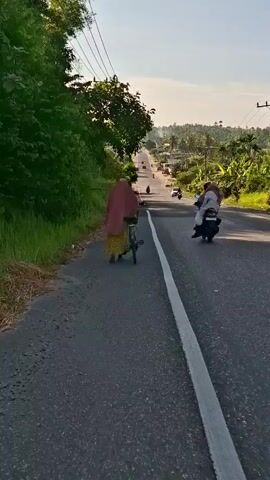 The video depicts a woman walking alongside a road while pushing a bicycle. The woman is wearing a yellow and black patterned dress and a red head covering. The bicycle is older and appears to be a basic model. The road is paved with a white dividing line, and there are other vehicles, including motorbikes and a car, traveling in the opposite direction. The environment features lush green trees and vegetation on either side of the road, suggesting a rural setting. The sky is clear, and the overall lighting indicates it is daytime. The camera perspective is from behind the woman, capturing her movement along the road and the surrounding landscape.