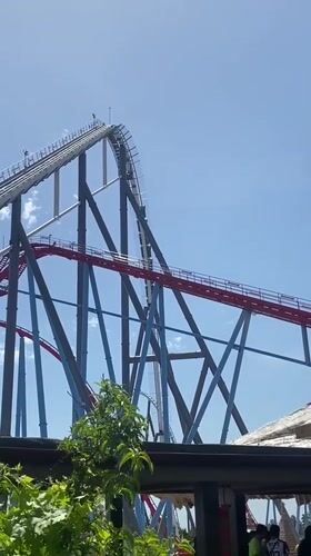 Roller coaster climbs steep tracks in Salou amusement park