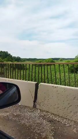 The video shows a view from a vehicle moving along a road next to a bridge. A concrete barrier is visible in the foreground, with a metal fence behind it. Beyond the fence is a grassy field with trees in the distance. The sky is cloudy. In the reflection of a car mirror, a person wearing a red shirt is visible. The overall scene is a roadside landscape under a cloudy sky.