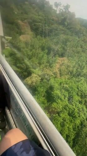 Cable car ride documents Taipei forest views, colorful tower