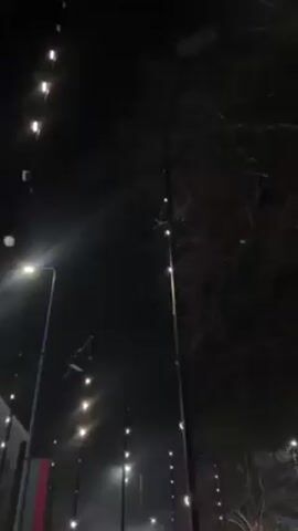 At night, a crowd of people stands on a paved area between tall streetlights decorated with lights, watching fireworks in the sky. Some of the streetlights cast a green hue, while others glow with a warmer light. The sky is mostly black, with a few wisps of smoke from the fireworks drifting through the air. People are dressed in dark clothing. Some people are looking at their phones, while others are talking to each other.
