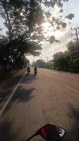 This video captures a scenic motorcycle ride on a rural road in Padurungan, Indonesia. The sun shines brightly through a canopy of trees, casting dappled shadows on the asphalt. Several motorcycles are visible on the road, with riders traveling in the same direction. The scene appears to be set in the early morning or late afternoon, given the low angle of the sun and the warm, golden light. The sky is a vibrant blue, dotted with fluffy white clouds, and a faint contrail streaks across the upper portion of the frame.

The road itself is paved and appears to be well-maintained, with a white line marking the center. The left side of the road is bordered by vegetation and some houses, while the right side features more trees and utility poles. The overall atmosphere is peaceful and serene, suggesting a leisurely ride through the countryside. There is no visible text in the video. The presence of motorcycles indicates a mode of transportation common in Indonesia, and the lush greenery suggests a tropical or subtropical climate. The scene evokes a sense of freedom and exploration, as the rider navigates the open road.