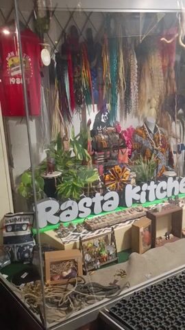 Here's a description of the video:

The video shows the storefront of "Rasta Kitchen". The storefront has a large window display filled with various items, including colorful decorations, plants, miniature figures, and a mannequin wearing a patterned shirt and necklace. The words "Rasta Kitchen" are displayed prominently in the window. The entrance to the store is a glass door with a red handle. There are posters and notices attached to the door. The floor in front of the entrance has a black metal grate. The lighting inside the store appears to be artificial, and the overall impression is that the store has a vibrant and eclectic style. The camera moves slightly from left to right, providing a full view of the storefront.