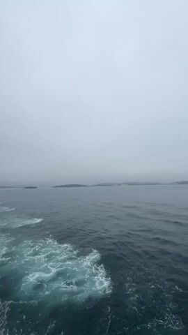 The video shows a wide shot of the ocean from the perspective of a moving boat. The water is a deep blue-green, with white foam and waves trailing behind the boat, creating a prominent wake. In the distance, the horizon is visible, with faint outlines of landmasses and islands. The sky is overcast and gray, suggesting a cloudy or foggy day. The overall mood is serene and somewhat somber due to the weather. There is no visible text in the video. The scene appears to be a calm day at sea, possibly in the morning or late afternoon given the diffused light. The location cues suggest a coastal area, consistent with Ribamontán al Mar, Spain, which is known for its coastline and proximity to the sea. The activity taking place is travel by boat, indicated by the wake.