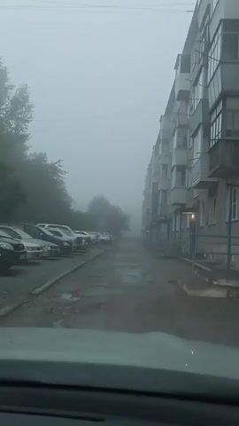 A car drives down a street lined with parked cars on the left and a multi-story apartment building on the right. Dense fog obscures the view of the street and trees in the distance. The road is wet, indicating recent rain. The sky is overcast and gray, adding to the overall gloomy atmosphere.