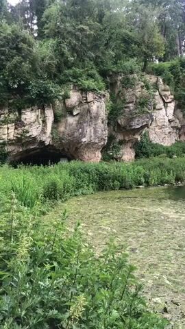 The camera pans up from a shallow, algae-covered pond to reveal a body of water nestled between steep, rocky cliffs overgrown with trees. The pond is partly covered with algae, and the water reflects the sky, which is a mix of gray clouds and patches of blue. A duck is visible in the foreground, standing in the algae. Voices can be heard in the background.