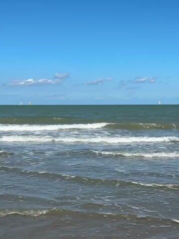 A video shows a seascape with a clear blue sky and a few white clouds. The ocean is a deep green color with white-capped waves rolling towards the shore. In the distance, several sailboats can be seen on the horizon. The foreground shows the wet sand of a beach. The video is static, with no apparent movement other than the gentle motion of the waves.