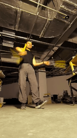 Nunchaku practice in a raw industrial space, Qarağandı