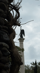 Person walks past angel memorial in Sochi park