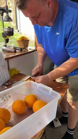 A man in a blue t-shirt is in the process of cutting an orange in half with a knife. He is standing at a wooden counter outdoors. In front of him, there is a clear plastic container filled with several whole oranges. To his left, there is a manual citrus juicer, a bunch of white paper straws, and a small pile of yellow napkins. In the background, there are more oranges in a basket and some greenery. The man is focused on the task of cutting the orange.