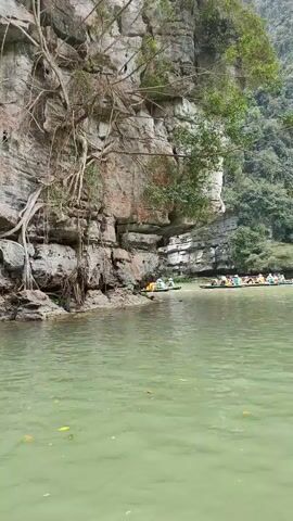 The video shows a view of a river bordered by large rock formations. There are several boats visible on the river, each carrying multiple people wearing yellow life vests. The rock formations are layered and covered in vegetation, including trees and vines. The water is a greenish-gray color. The overall scene is a natural setting, possibly a tourist destination due to the presence of boats filled with people.