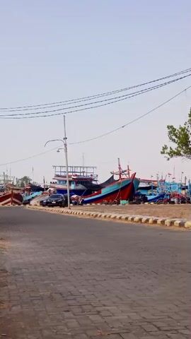 A static, slightly shaky shot captures a harbor filled with various colorful fishing boats. In the foreground, a paved road transitions to a cobblestone surface. Adjacent to the road is a raised median strip with a curb and a checkered yellow and black pattern. A dark-colored car is parked on the left side of the median. Behind the car and median, numerous fishing boats are docked. The largest boat in the center is predominantly red and blue. The sky is a pale, cloudless blue. Overhead, power lines are strung across the frame. A lone bird is visible in the sky. On the right side of the frame, a tree with green foliage stands near a white signpost with blue trim. The overall impression is a quiet, sunny day at a fishing port.