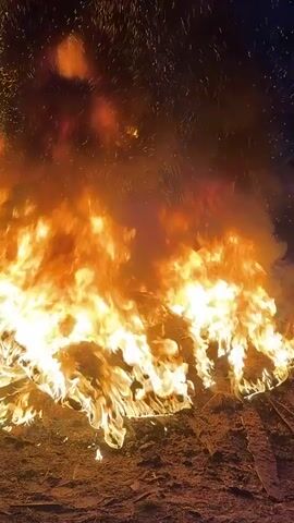 The video shows a large fire burning at night. The flames are bright orange and yellow, and they are reaching high into the air. There are sparks flying up from the fire. The ground around the fire is dark. Someone is heard saying "Ебать, оно даёт жару, блядь, вообще пизда", which translates to "Damn, it gives heat, damn, totally fucked."