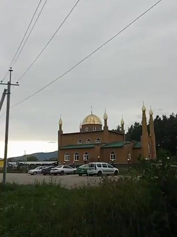 The video shows a mosque with a golden dome and minarets. There are several cars parked in front of the mosque. The sky is cloudy. The foreground is filled with grass and some trees.