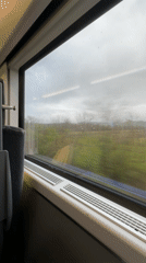 Train passenger views rainy Georgian countryside near Lanchkhuti
