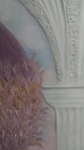 The video shows a painting. On the left side of the painting is a pale purple, feathery plant. Next to it is a large white pillar with a decorated archway above it. To the right of the pillar are two decorative urns filled with flowers. The urn on the left is a golden color and filled with pink and green flowers. The urn on the right is smaller and a purplish color, filled with darker purple flowers. The background of the painting appears to be a pale blue sky with some clouds.