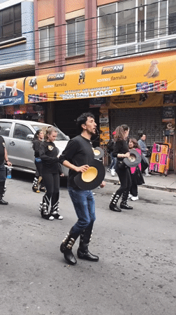 Street dancers perform coordinated procession in La Paz Bolivia
