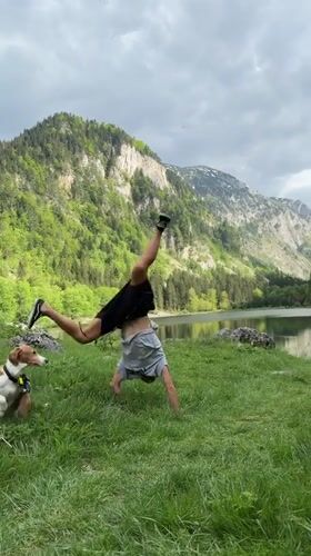 Backflip performance and scenic lake views documented in Montenegro