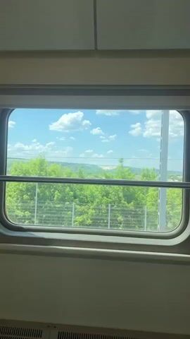 The video shows a view from a train window looking out at a green landscape with a blue sky filled with white clouds. The train appears to be moving, as the scenery outside the window is changing. There are trees and some buildings visible in the distance. A metal bar runs horizontally across the window.