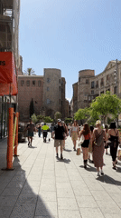 Morning bustle around Barcelona Cathedral's Gothic Quarter plaza