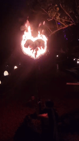 Fire performers stage heart-shaped flame show in Blahbatuh, Indonesia