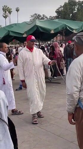 Street performer draws crowd in Marrakesh public square