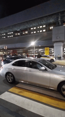 Nighttime airport pickup captured with passenger holding flower bouquet