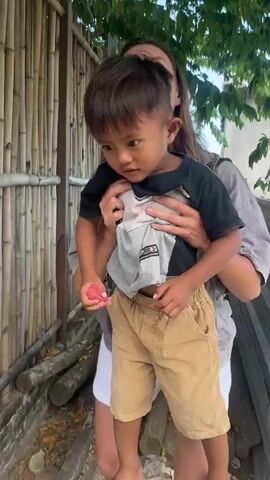 A woman wearing a gray t-shirt and white shorts holds a young boy wearing a black t-shirt and tan shorts. The woman is looking up at the boy and the boy is reaching for leaves on a tree. The background appears to be an outdoor setting with bamboo fencing and green foliage.