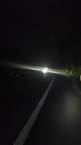 A first-person perspective video captures a nighttime drive on a dark, asphalt road. The road has a white line down the center, dividing the lanes. Headlights from an oncoming vehicle pierce the darkness, creating a bright glare that streaks across the frame. Yellow marker posts line the right side of the road, and dimly lit trees and foliage are visible on the periphery. The scene is illuminated only by the vehicle's headlights and the faint glow of the distant marker posts.