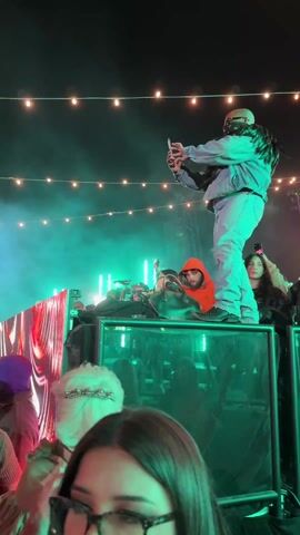 The video shows a crowd of people at an outdoor concert at night. The stage is lit up with green lights and there are string lights overhead. A person is standing on top of a barricade taking pictures of the crowd. There is a woman in the foreground wearing a crown and pearls. The crowd is dancing and cheering.