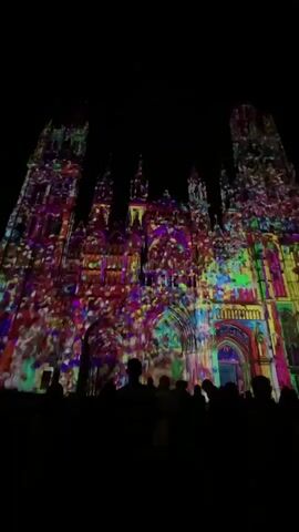 A low-angle, full shot captures a vibrant night scene. A large Gothic cathedral stands illuminated by an elaborate light projection, painting its façade with an array of colorful, abstract patterns that shift and dance across the stone. The projections cast hues of red, blue, green, purple, and yellow, creating a mosaic-like effect over the architectural details. The cathedral's spires and towers are visible against the dark night sky. In the foreground, silhouetted against the bright projections, a crowd of people stands, their forms indistinguishable, indicating they are observing the light show. Their presence adds a sense of scale to the massive building.