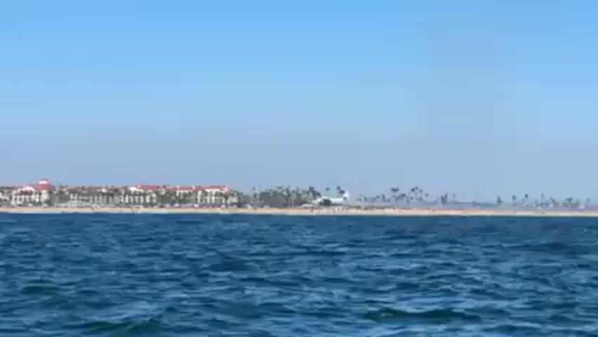 The video shows a view from the water looking towards a coastline with buildings, a beach, and palm trees under a clear blue sky. The water is choppy. A yellow lifeguard rescue boat passes by in front of the camera. The boat has two antennas and is labeled "RESCUE" and "LIFEGUARD." A person wearing a blue shirt is visible on the boat.