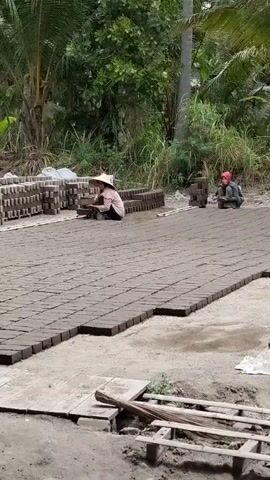 The video shows two people working outdoors in what appears to be a brick-making facility. Both individuals are crouched down and are surrounded by rows of dark-colored bricks that are laid out in neat patterns on the ground. In the foreground, there are stacks of bricks already made and drying. The person on the left is wearing a conical straw hat and is actively working with the bricks. The person on the right is wearing a red head covering and appears to be in the process of arranging or shaping bricks. The environment is rural, with lush green foliage and trees visible in the background. The ground is made of dirt and concrete. There are some wooden structures and tools scattered around the area, including a broom leaning against a wooden support in the foreground. The overall scene depicts manual labor involved in the production of bricks.