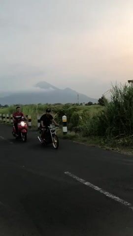 This video shows two people riding motorcycles on a paved road. The rider in the foreground is on a black motorcycle with gold wheels. The rider in the background is on a red scooter. Both riders are wearing casual clothing. The road is flanked by tall grass and vegetation on the right side, and a white line separates the lanes of traffic. In the distance, a mountain range is visible under a cloudy sky. The lighting suggests it is either early morning or late afternoon.