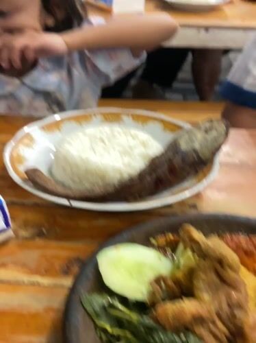 Indonesian family shares evening meal at outdoor restaurant