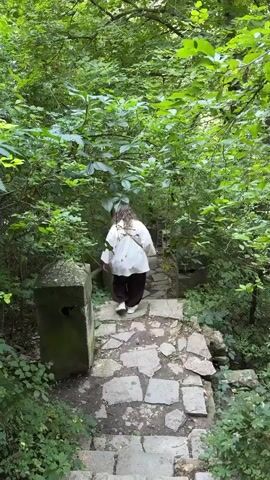 A person walks up stone stairs through a lush green forest. The person is wearing a white shirt and dark pants. The stairs are made of uneven, irregular stones and are surrounded by dense foliage and trees. The camera is positioned behind and slightly below the person, following their ascent. The lighting suggests it is daytime.