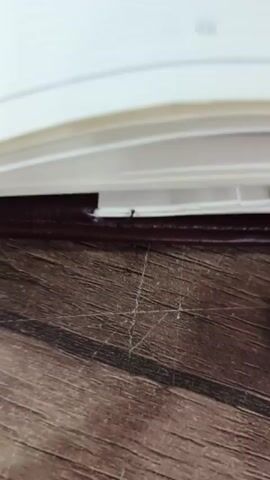 The video shows an open notebook resting on a wooden surface. The notebook has a maroon cover and white, lined pages with a faint grid pattern. A blue pen rests on the right-hand page. A black ribbon bookmark is visible in the spine of the book. The wooden surface appears to be a floor or table with a wood grain pattern. The video zooms out slightly to reveal more of the open notebook. Sounds of people talking can be heard in the background.