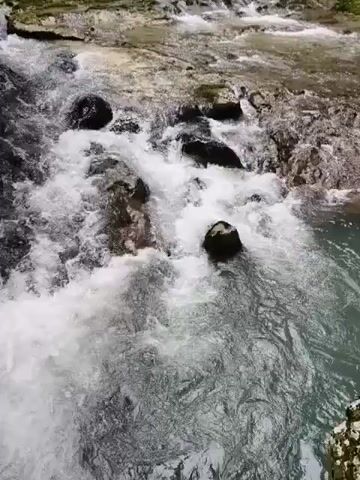 The video shows a fast-flowing river with white water rapids cascading over rocks. The river is surrounded by lush green vegetation and trees, indicating a natural, forested environment. In the upper left of the frame, a wooden platform or deck is visible, suggesting a man-made structure in the vicinity. The water appears clear and turbulent. There are no people visible in the video.