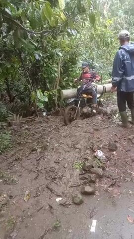 Two men are struggling to push a motorcycle carrying a large white pipe through a muddy path in a dense forest. The man on the motorcycle, wearing a red and black long-sleeved shirt, black pants, and a black baseball cap, sits awkwardly while attempting to accelerate. The second man, wearing a blue raincoat, dark pants, and a light-colored cap, strains to push the pipe and the motorcycle forward. The ground is covered in thick mud and scattered rocks. The lush green foliage of the forest surrounds the path. Another person on a motorcycle can be seen in the distance.
